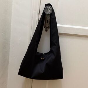 Black Satin Shoulder Hobo Bag with Gold Logo